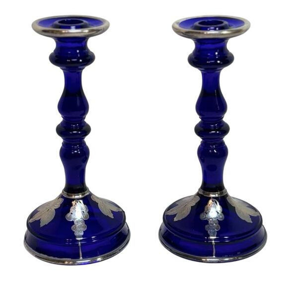Vintage Cobalt Blue Pressed Glass Candlesticks Silver Plated Overlay 9" Tall - Picture 1 of 11